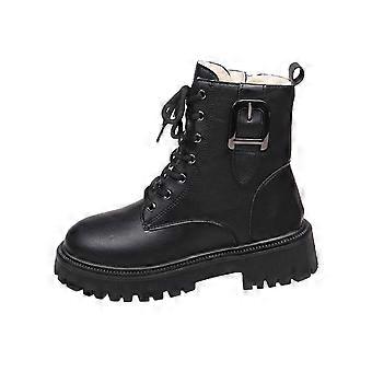 Bottines chaudes en similicuir doublées polaire pour femme, bout rond, fermeture éclair latérale, lacets, petit talon, chaussures d'hiver décontractées, pointure US 5,5