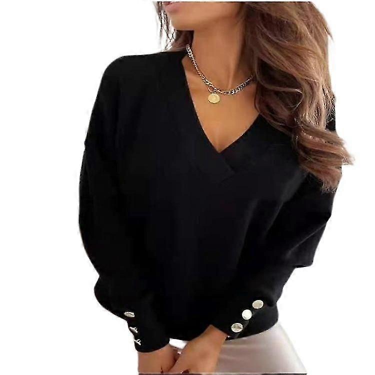 Damen Casual Loose Solid Color Button V-Ausschnitt Langärmeliger Pullover