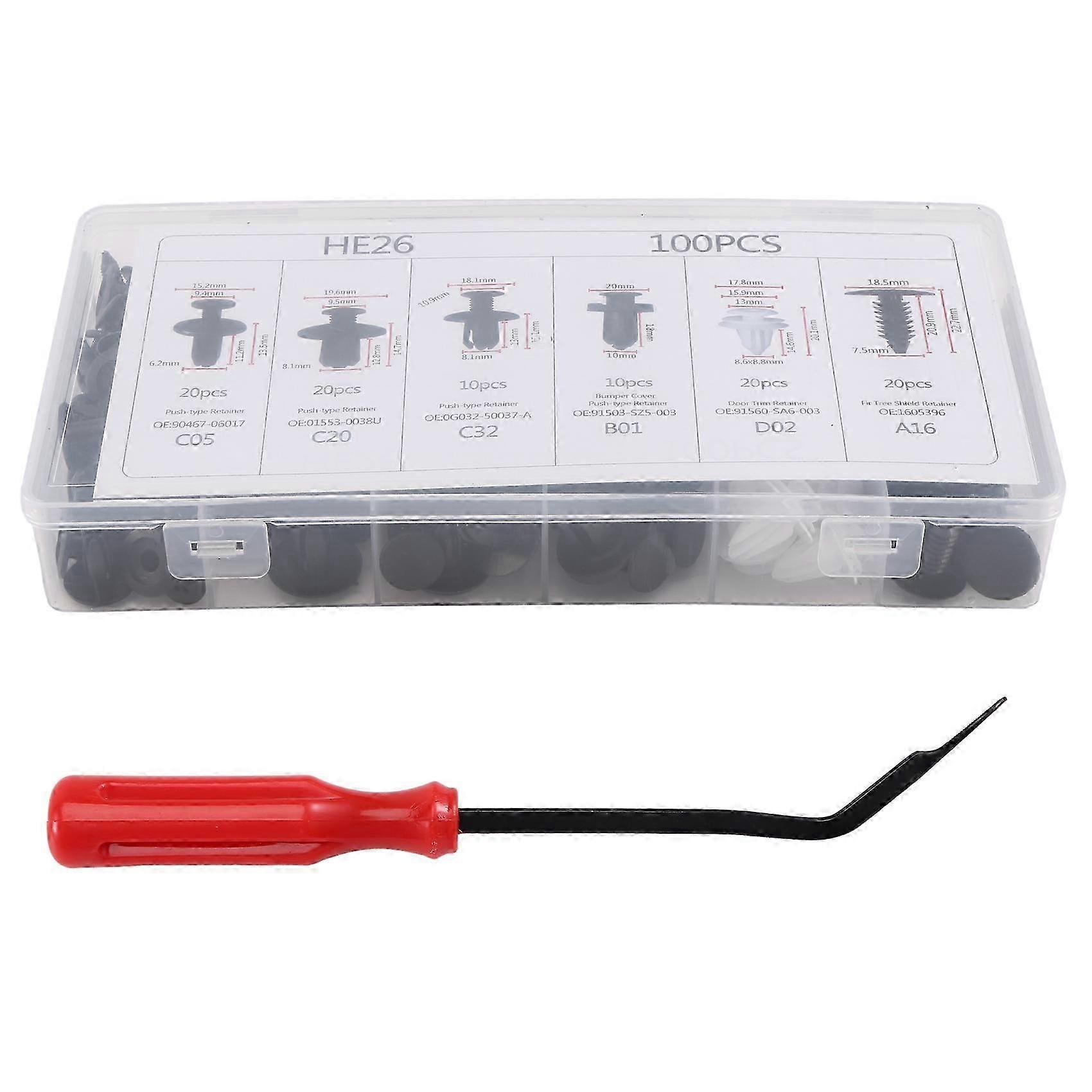 100Pc Plastic Rivets Fastener Bumper Push Clips W / Removal Tool compatible with