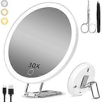 30x Magnifying Mirror with Light, 15cm 3 Color Modes Dimming, with 3 Suction Cups and 360°