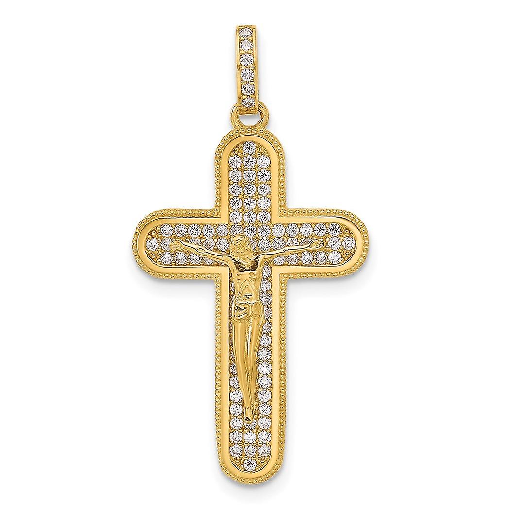 18.25mm 10k Solid Yellow Gold Polished Cubic Zirconia Crucifix Religious Faith Cross Pendant Necklace-Pendant for Women