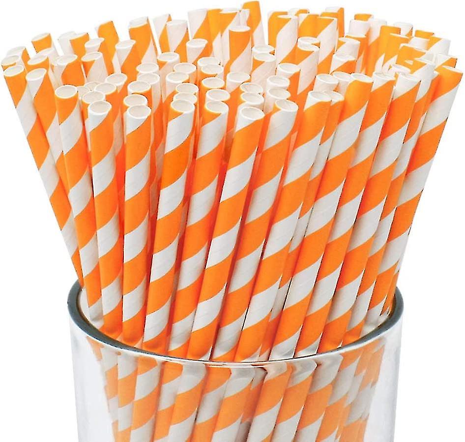 100pcs Premium Disposable Drinking Striped Paper Straws Orange