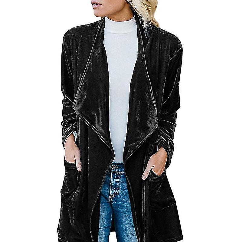 Women's Solid Long Sleeve Velvet Jacket, Open Front Cardigan Coat