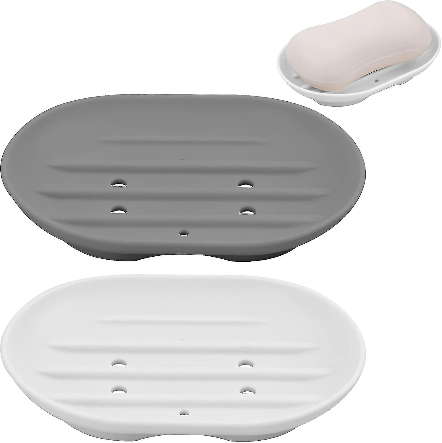 2 Pcs Silicone Soap Dish - Portable Shower Soap Box - Gray White