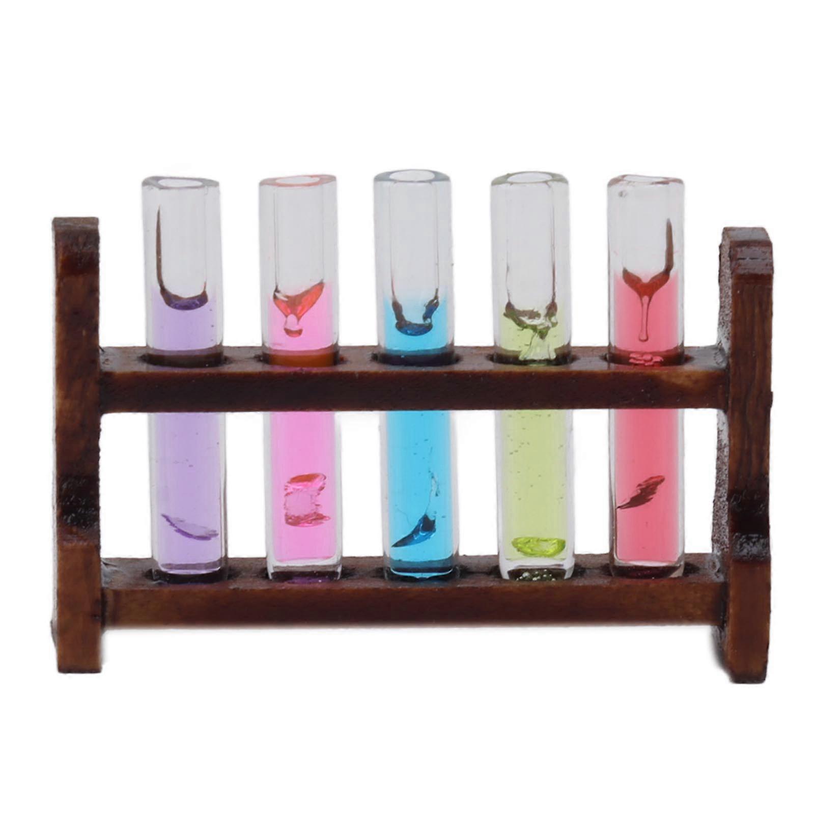 1: 12 Dollhouse provrör med rack utsökt simulering miniatyr provrör för dockhus vardagsrum sovrum valnöt färgställ färgglada provrör
