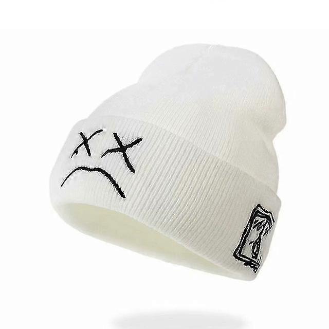 Hip-hop Style Embroidered Knitted Hat With Sad Expression Warm Woolen Hat