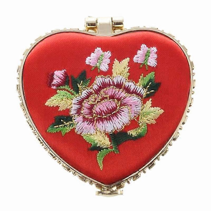 Mini Pocket Compact Portable Embroidered Mirror Round Mirror Looking Glass Makeup Tools (Red)