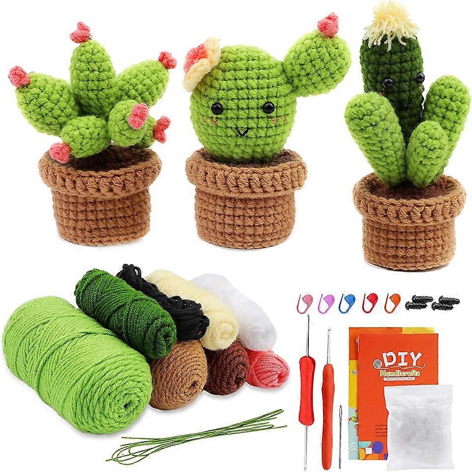 1 Set Cactus Desktop Decoration Doll DIY Crochet Kit with Yarn Random Color Hook Knitting Accessories for Starter Beginners