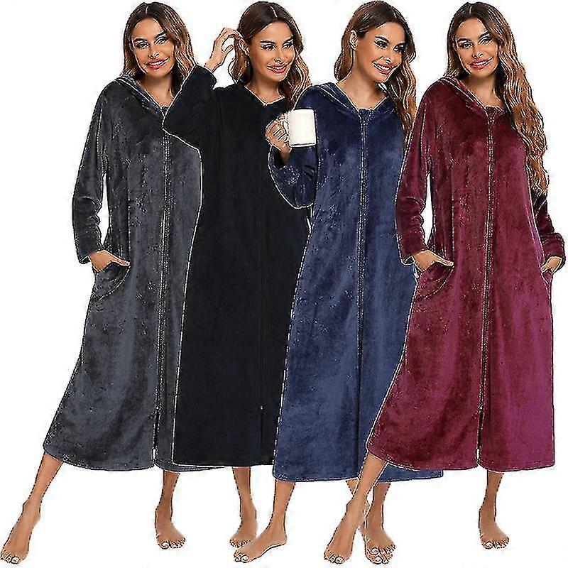 Women's Flannel Robe Zipper Front Robes Full Length Bathrobe