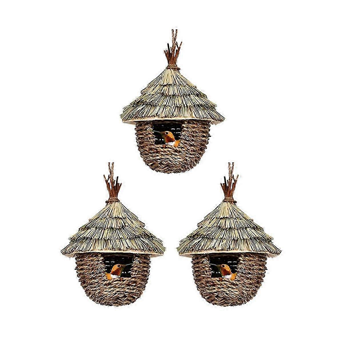 Bird House,3Pcs Hand Woven Hanging Humming Bird House suitable for Nesting,Natural Grass Bird Nest suitable for Garde