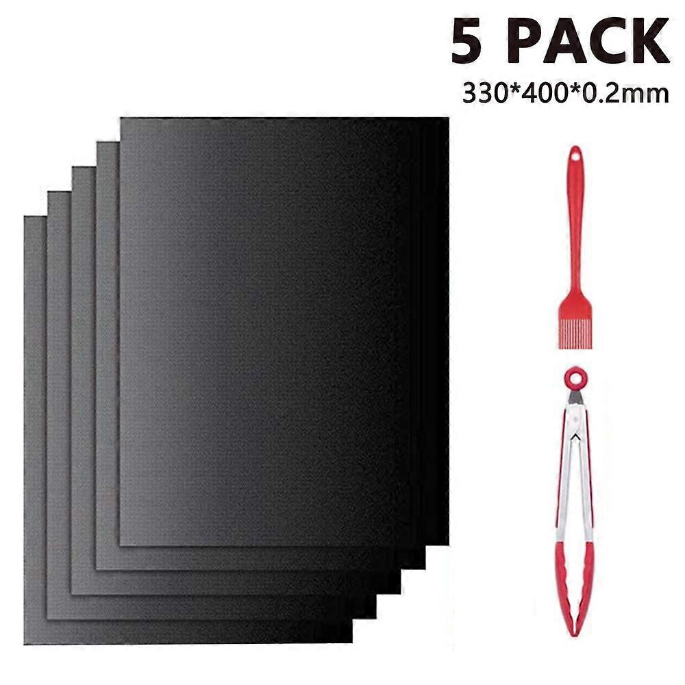 Grill Mat Set of 5 Non Stick Mats Reusable Comes with Clip and Brush