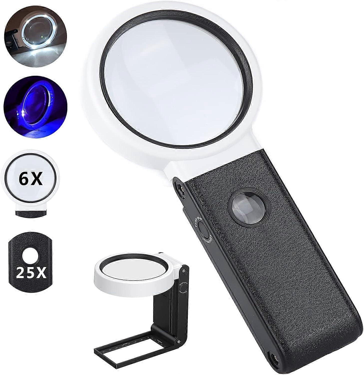 25X 6X Lighted Reading Magnifier, Magnifying Glass with 6 LED 2UV Light, Handheld Magnifying Magnifi