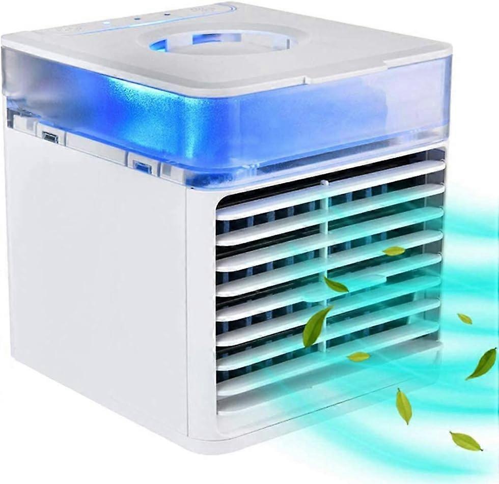 Portable UV-C air conditioner, desk fan, humidifier, purifier, aroma diffuser.