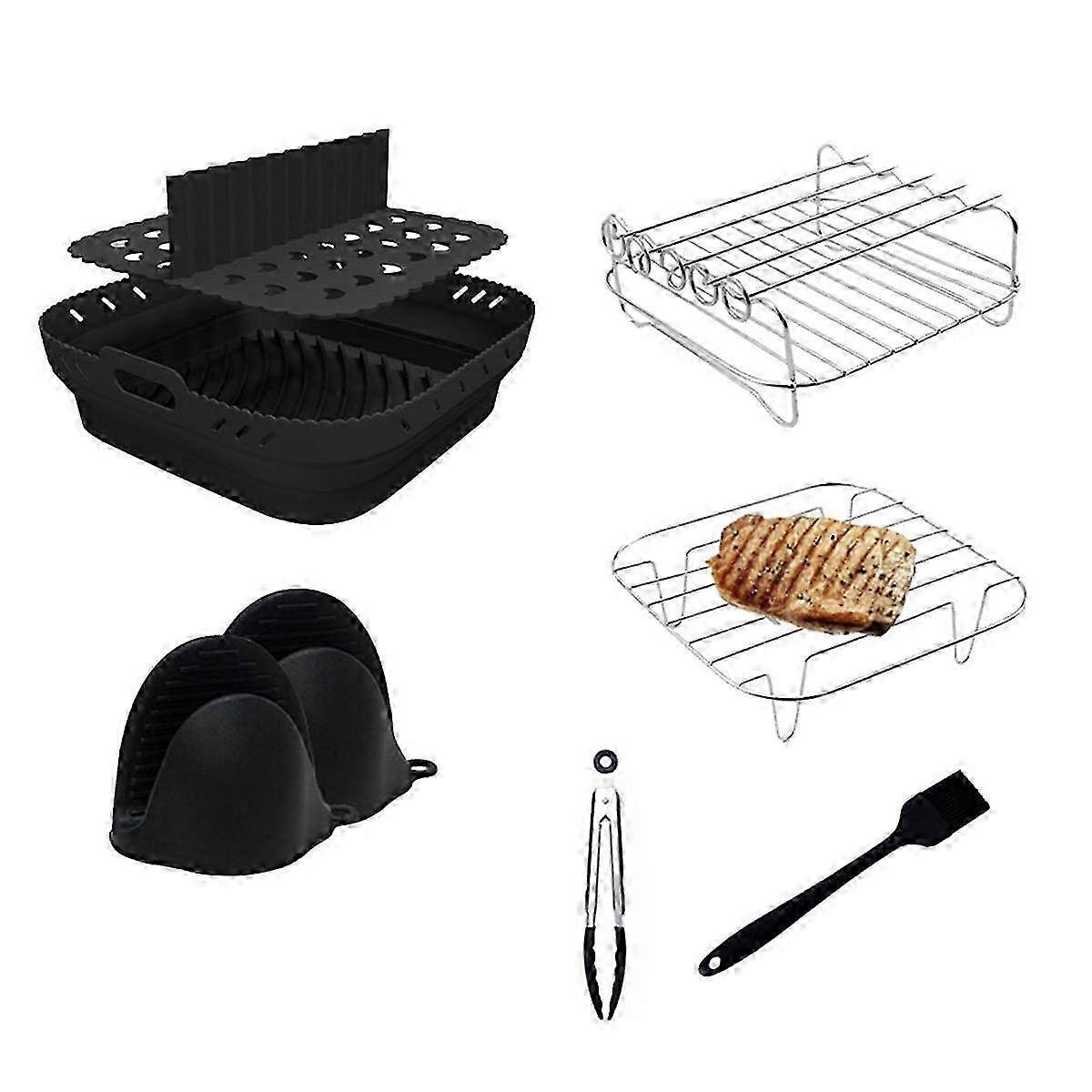 Heißluftfritteuse Silikonform Korbtablett Set Quadratische Heißluftfritteuse Grillzubehör Wiederverwendbare Heißluftfritteuse Form Schwarz