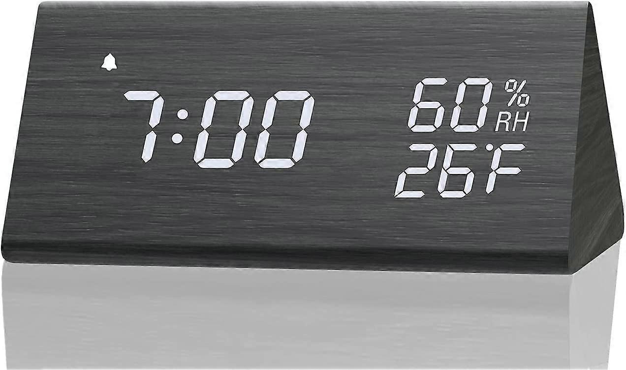 Digital Alarm Clock, with Wooden Electronic LED Time Display, Humidity & Temperature Detect - Black
