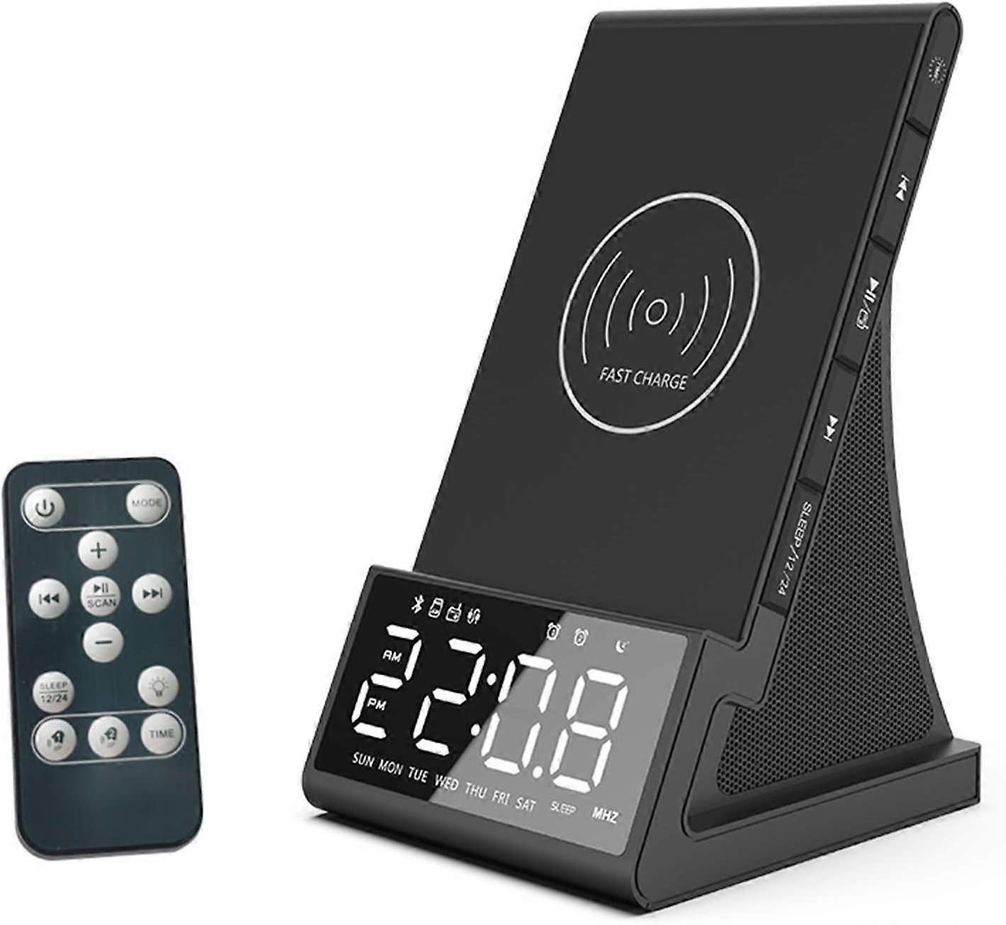 Rádio despertador de carregamento sem fio para quarto, relógio com alto-falante Bluetooth, detecção de temperatura, despertador duplo, dimmer de brilho de 4 níveis