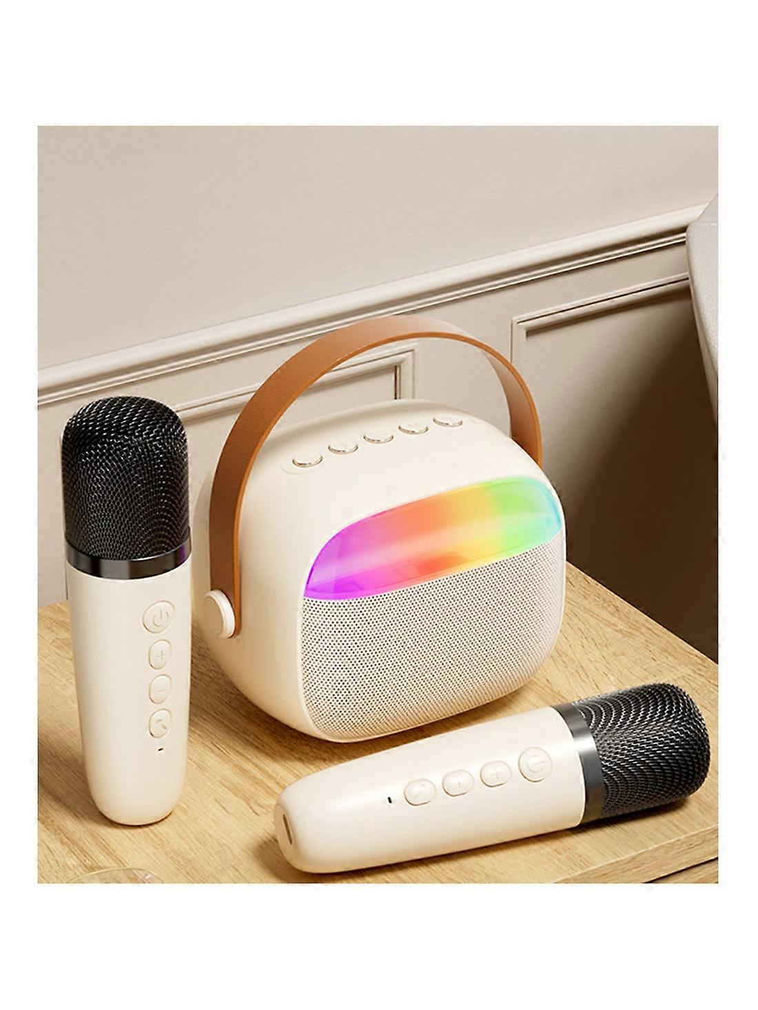Mini machine à karaoké, haut-parleurs Bluetooth portables avec 2 microphones sans fil et lumières, coffret cadeau karaoké pour fête de famille d’anniversaire