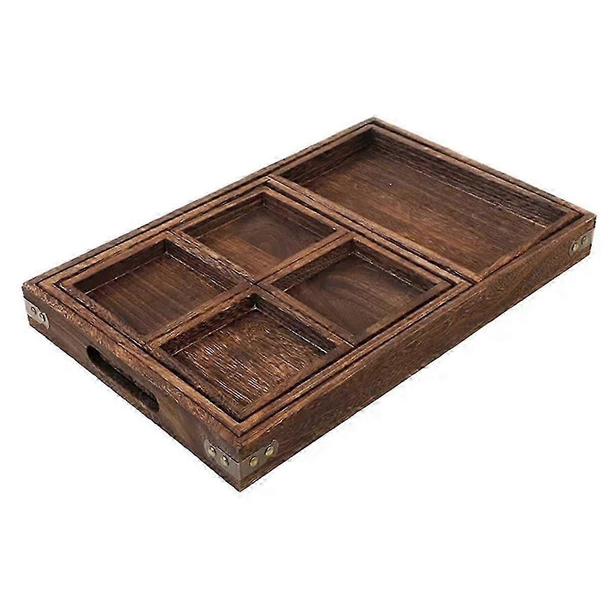 Antique Tea Set, Solid Wood Nested Tray, Seven Piece Set