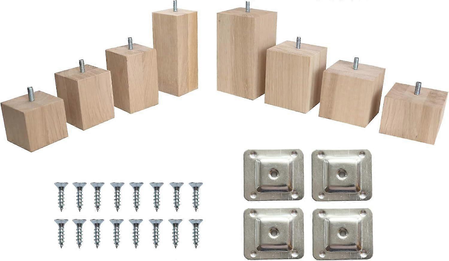 60x60x80 MM Wooden OAK Square Block Furniture Replacement Legs Feet Colour Beech Wood M8 Thread Level Mounting Plates Set Of 4 Legs For Sofa Cabinet F