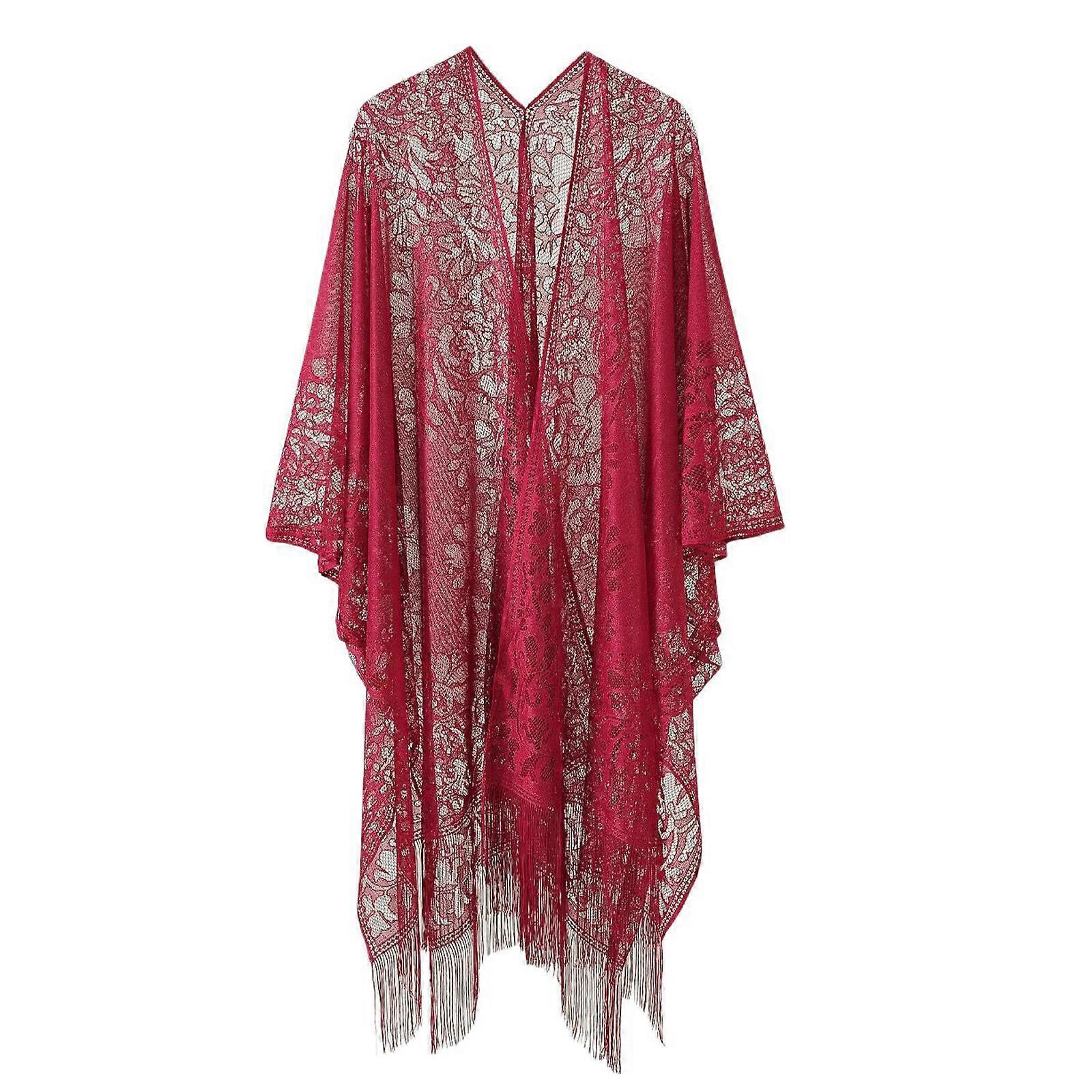 Kimono de plage ouvert sur le devant pour femme, cardigan, cache-maillot de bain, rouge vin