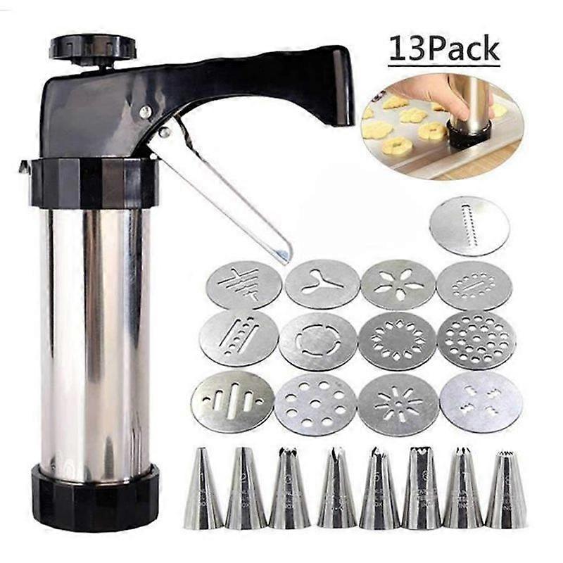 Stainless Steel Pastry Press for Making Cookies CakesBiscuit Press with 13 Cookie Discs and 8 Nozzles