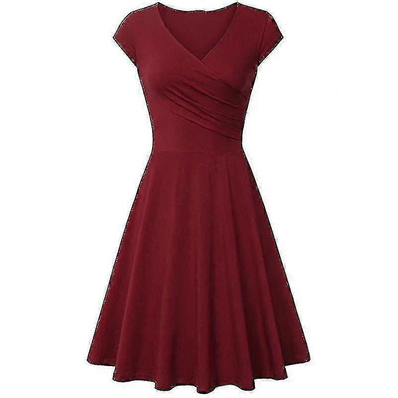 Elegant Women's V-Neck Solid Cocktail Dress Short Sleeve Evening Prom Summer 