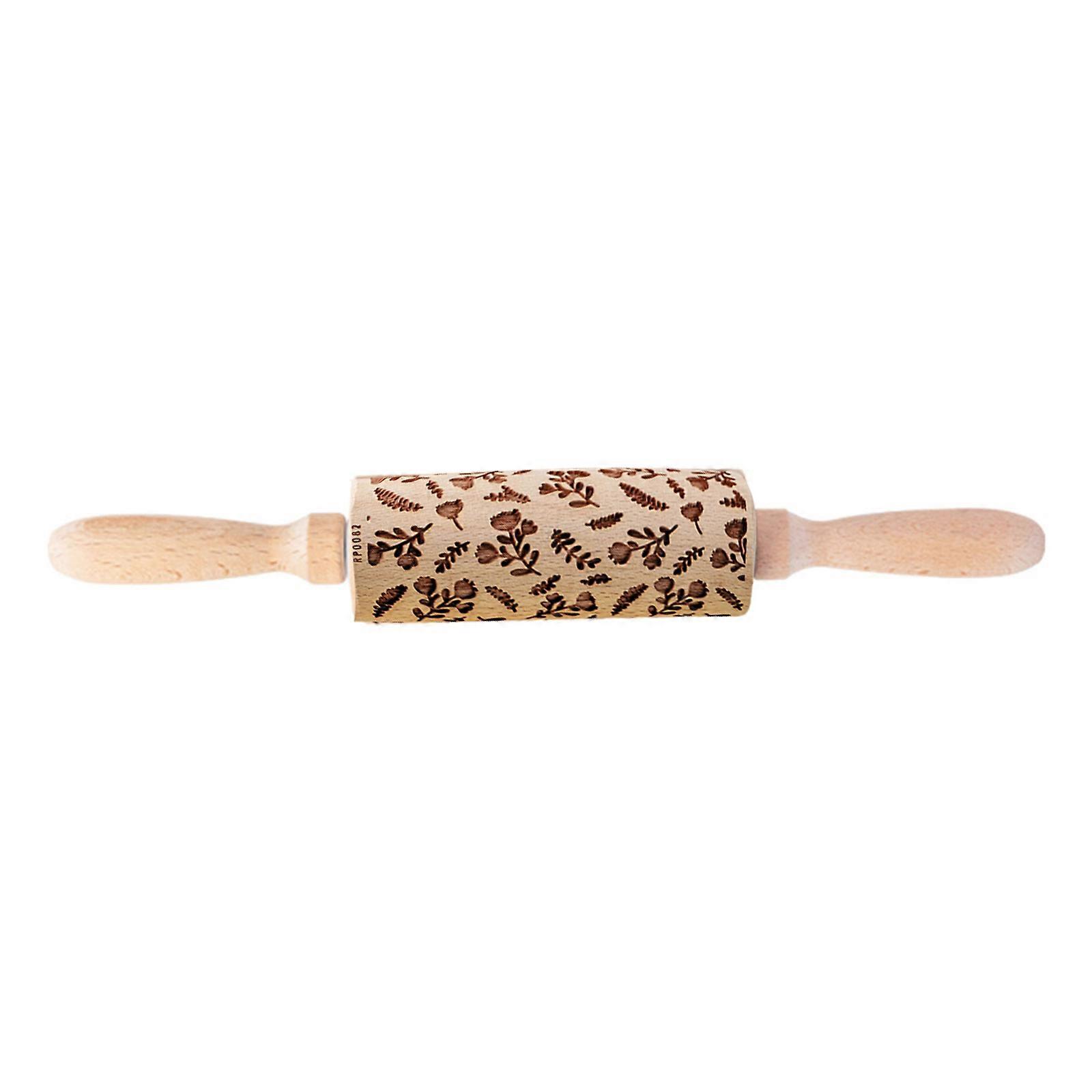 Spring Pattern Rolling Pin Flower Leaf Engraved Solid Wood Embossed Cookie Rolling Pin Pastry Dough Flour Roller