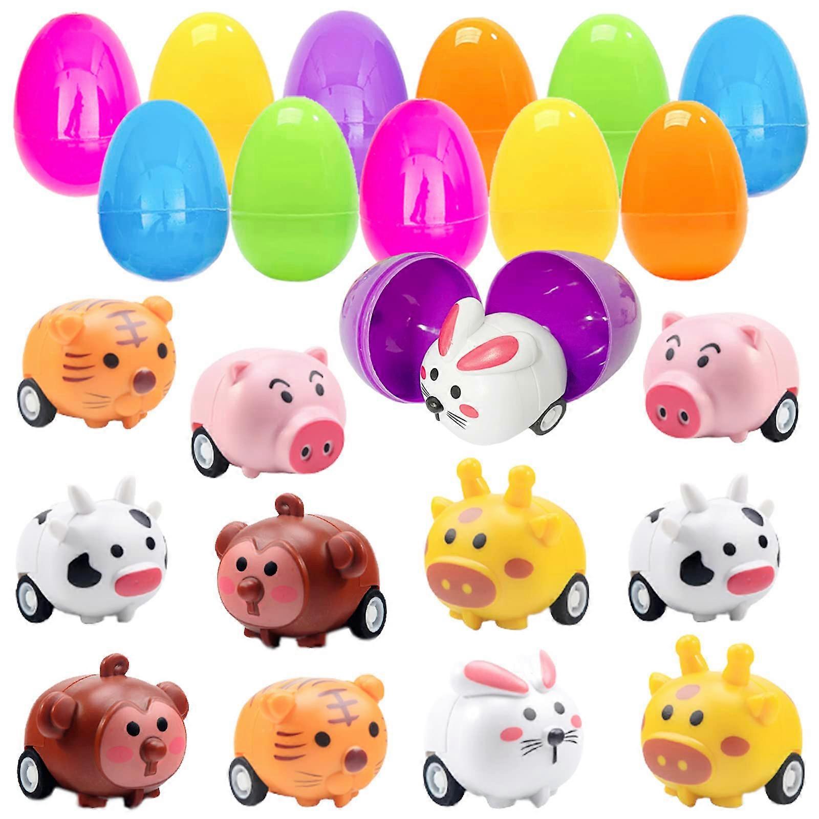 12 PCS Plastic Easter Eggs with Pull Back Car Toys for Kids, Colorful Plastic Eggs for Easter Egg Hunts and Games