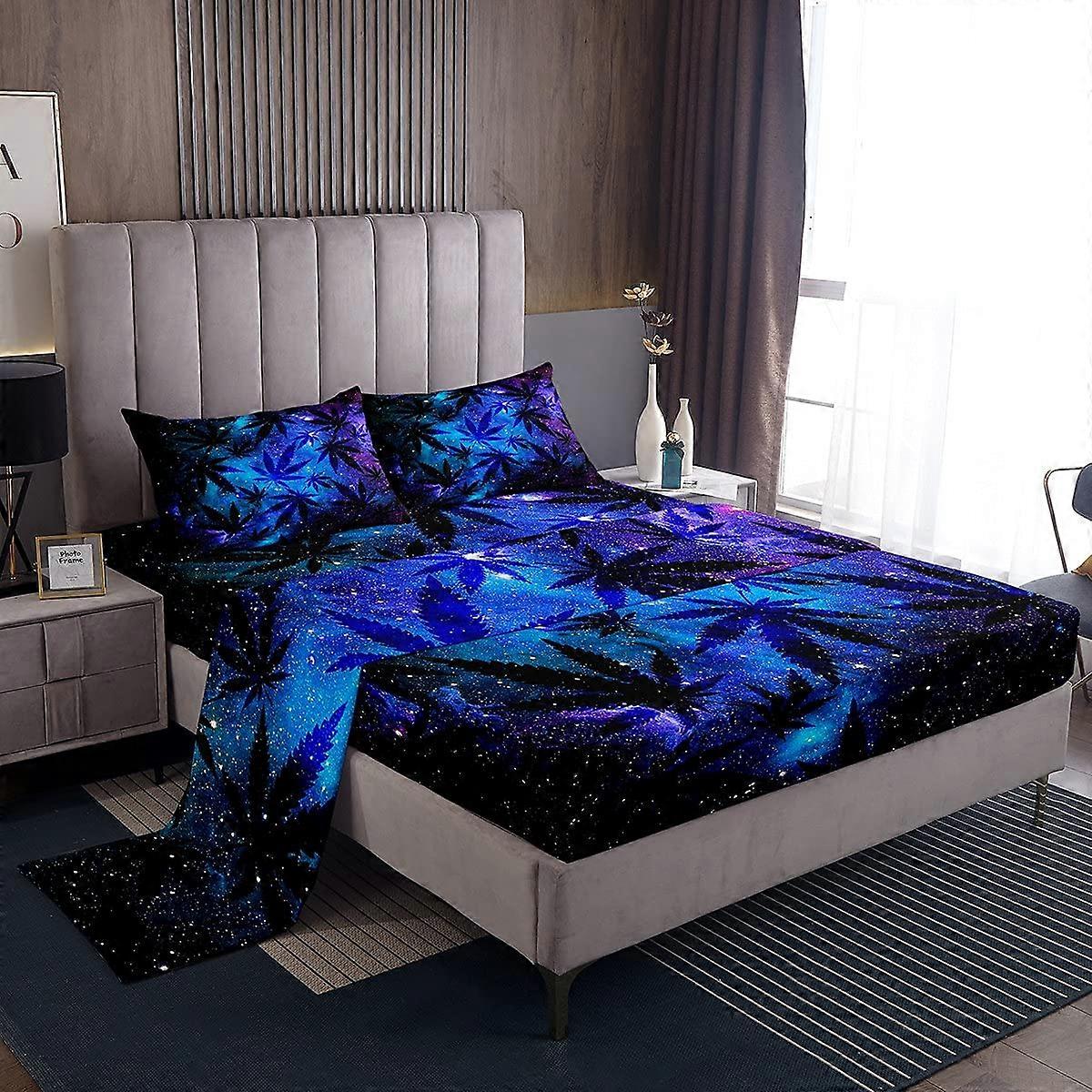 Galaxy Space Bed Cover Leaf Duvet Cover Set Twin Size Botanic Herb Theme Soft Microfiber Bedding for Two