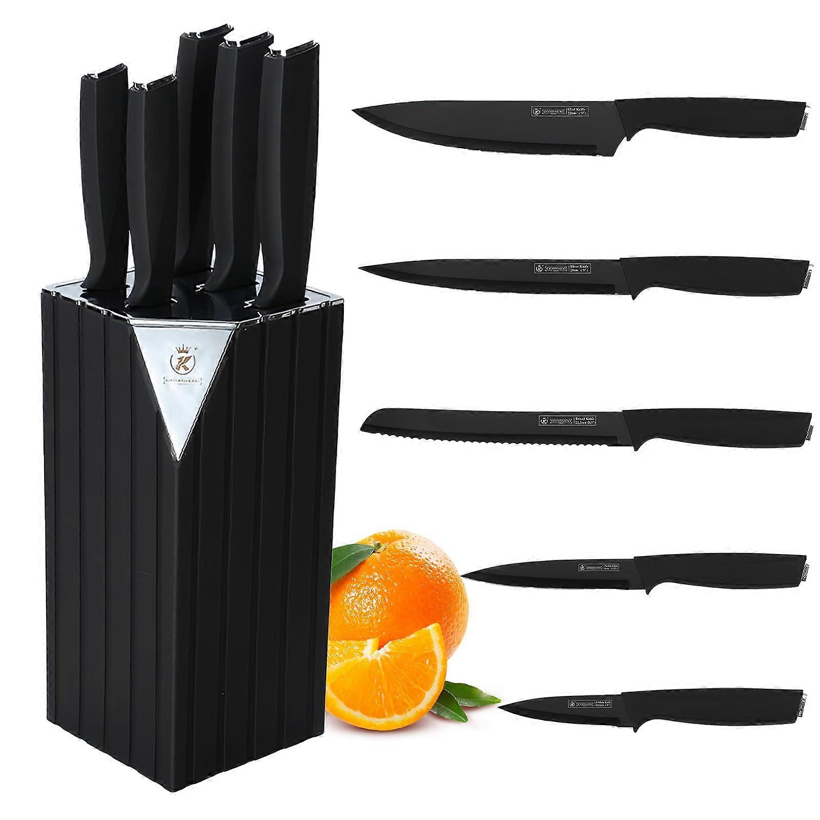 Knife Set, 6 Pcs Black Anti-Rust Coating Stainless Steel Knife Block Set, 5 Color Sharp Chef Knife Set