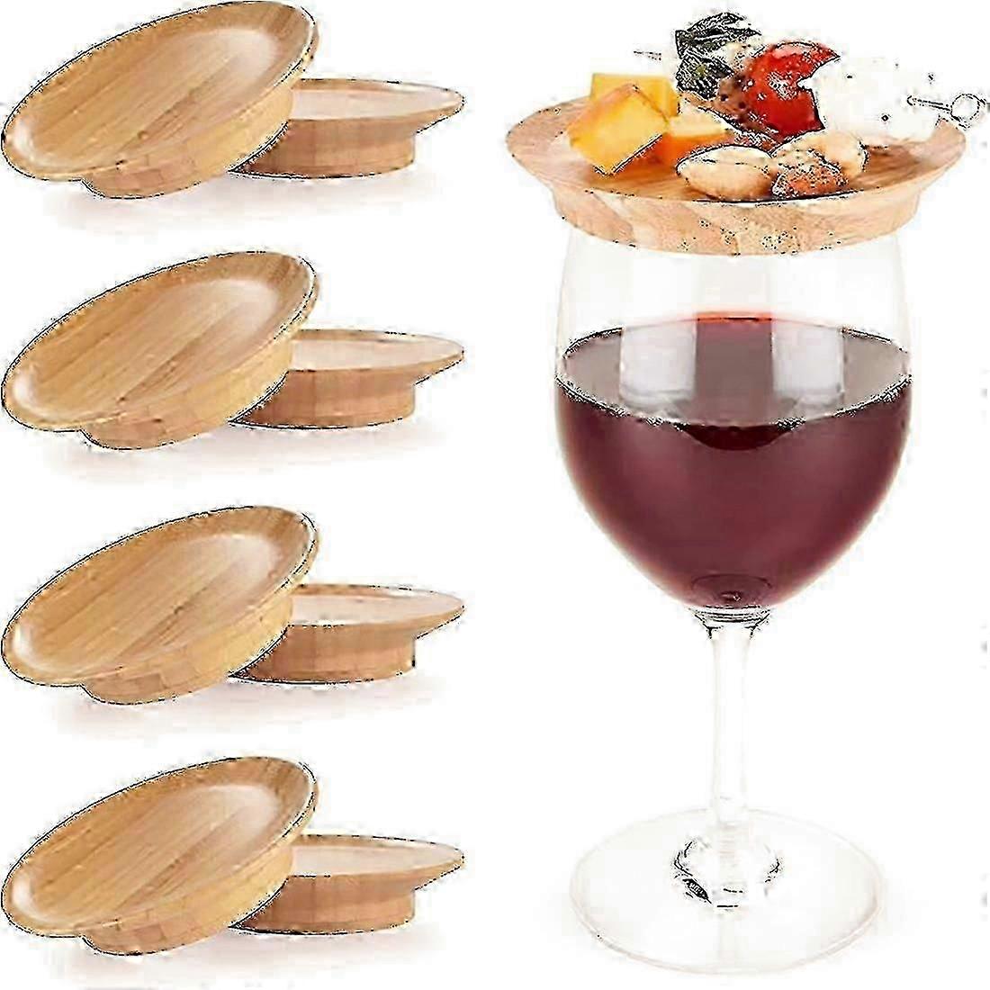 Reusable 4-Piece Set of 4" Bamboo Wine Glass Toppers for Charcuterie Boards