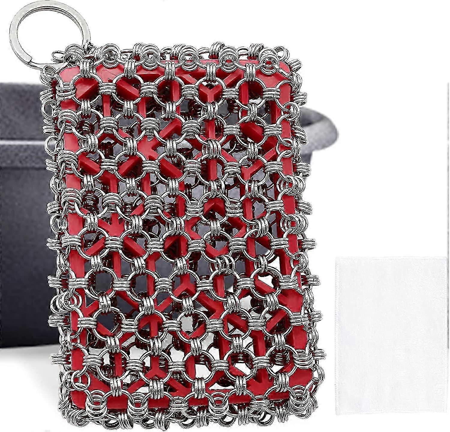 Cast Iron Skillet Cleaner Chainmail Scrubber With Silicone Insert, 316 Stainless Steel