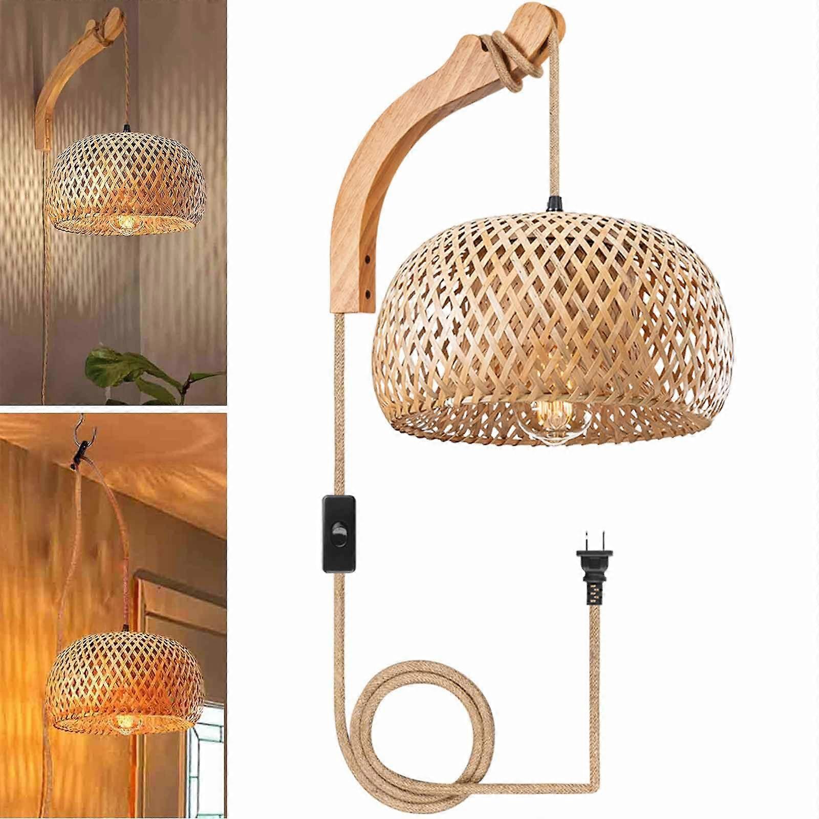 Rattan Wall Sconce Or Pendant lamp with Plug in Cord, Rustic Hand Woven Bamboo Lantern Wall Light