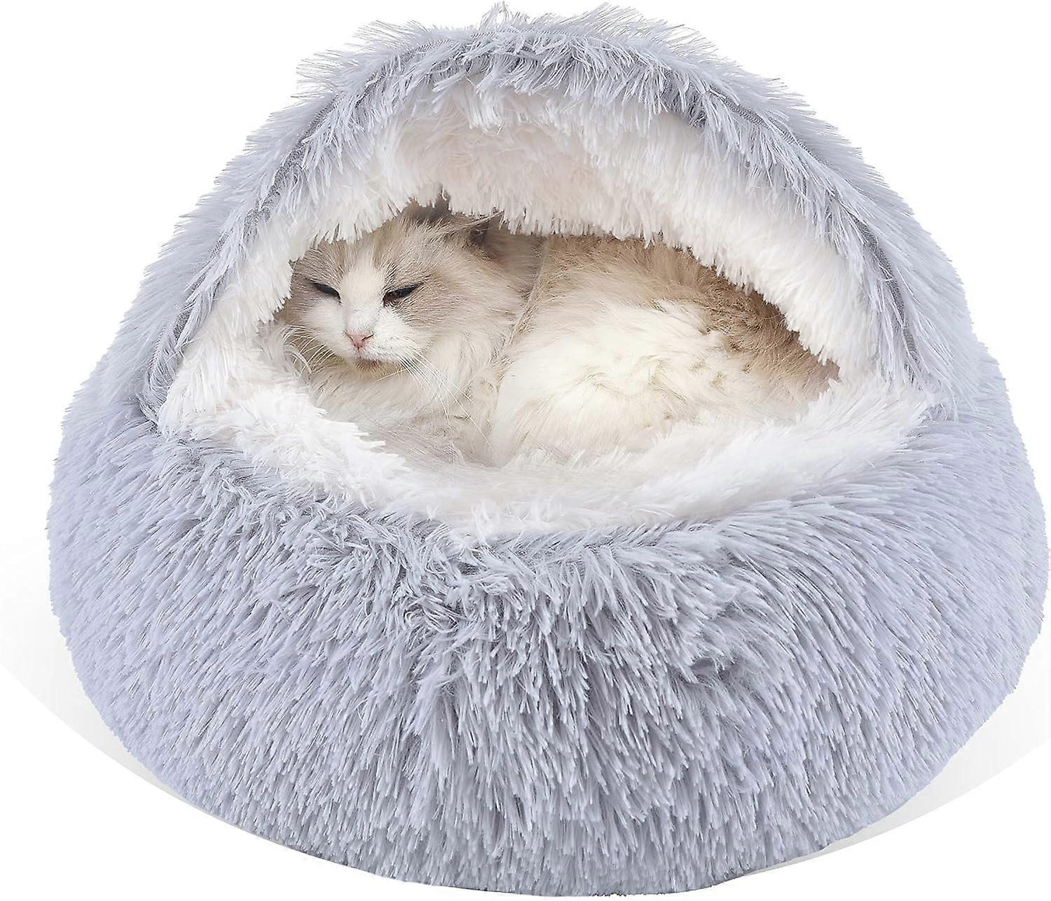 Gavenia Round Fluffy Hooded Cat Bed Cave With NonCollapsed Plush Cover, Donut for Indoor Cats