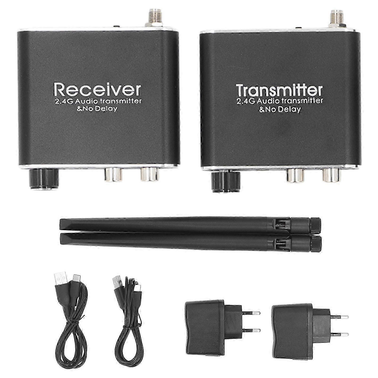 2.4G Wireless Audio Transceiver No Delay Audio Transmitter Receiver Adapter RCA 3.5mm Input Output 100240V EU Plug