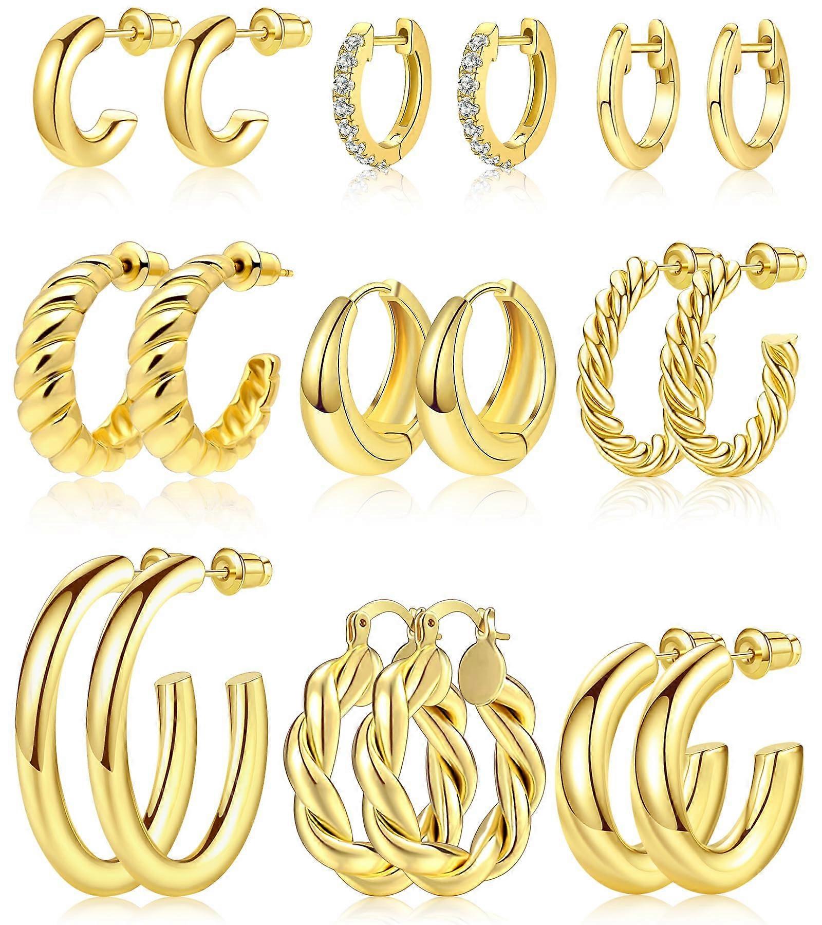 9 Pairs Gold Hoop Earrings Set for Women Twisted Huggie Hoops 14K 18K Gold Plated Lightweight Jewelry Gifts for Girls