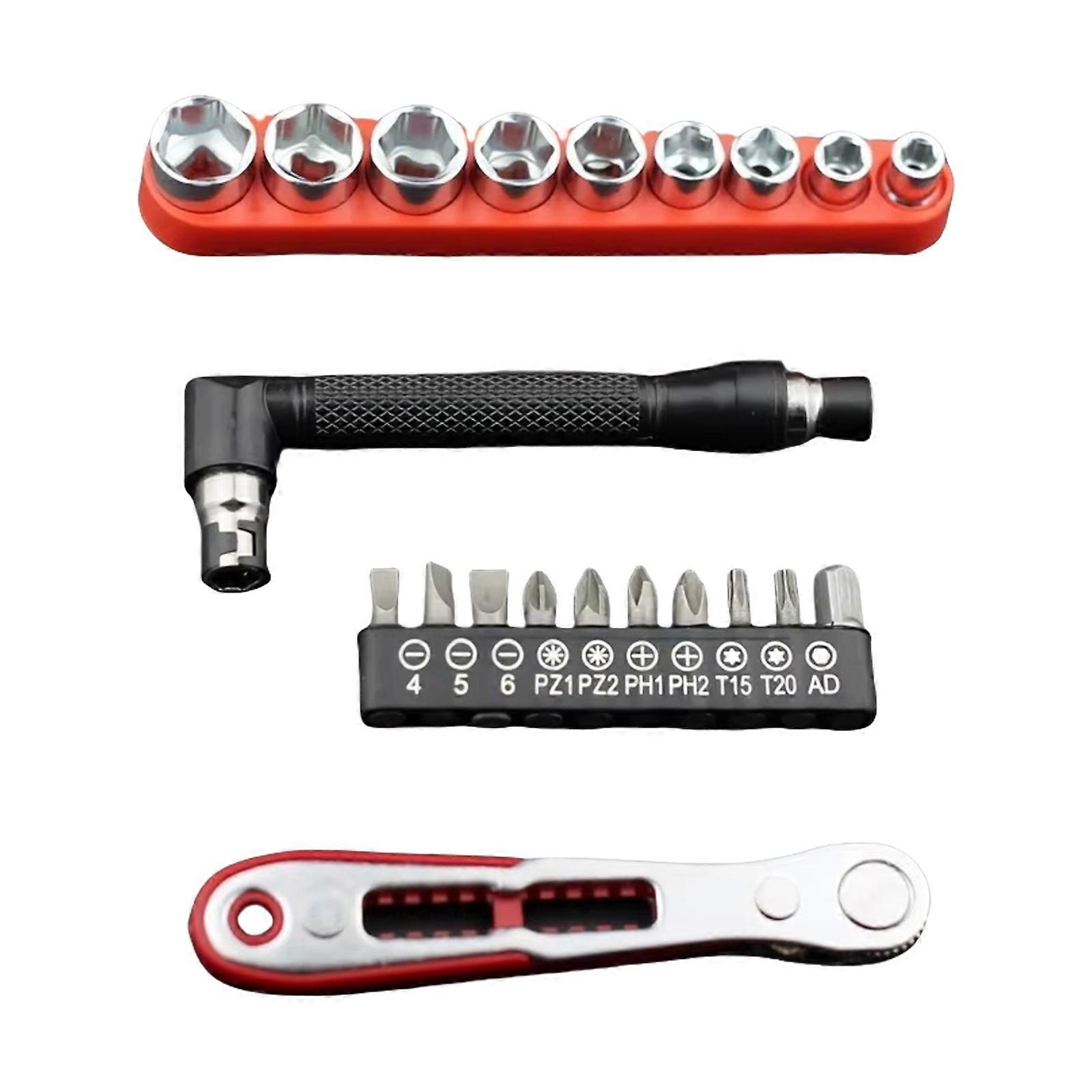 Ratcheting Screwdriver 36 Teeth Magnetic Tip Double Drive with L Shape Socket Wrench and Bits Set for Mechanics Tool Box Multicolor