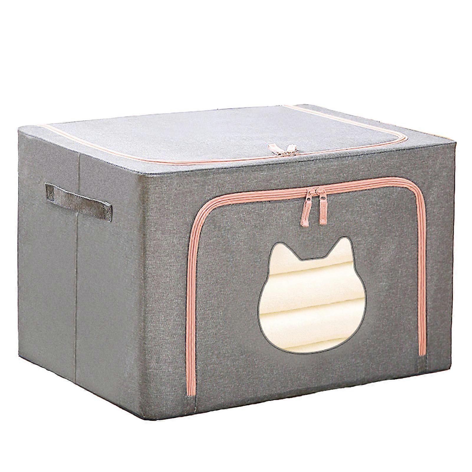 Clothes Storage Bag with Steel Frame Large Capacity Foldable Clothes Storage Bin Closet Organizer with Cat Head Window Gray 