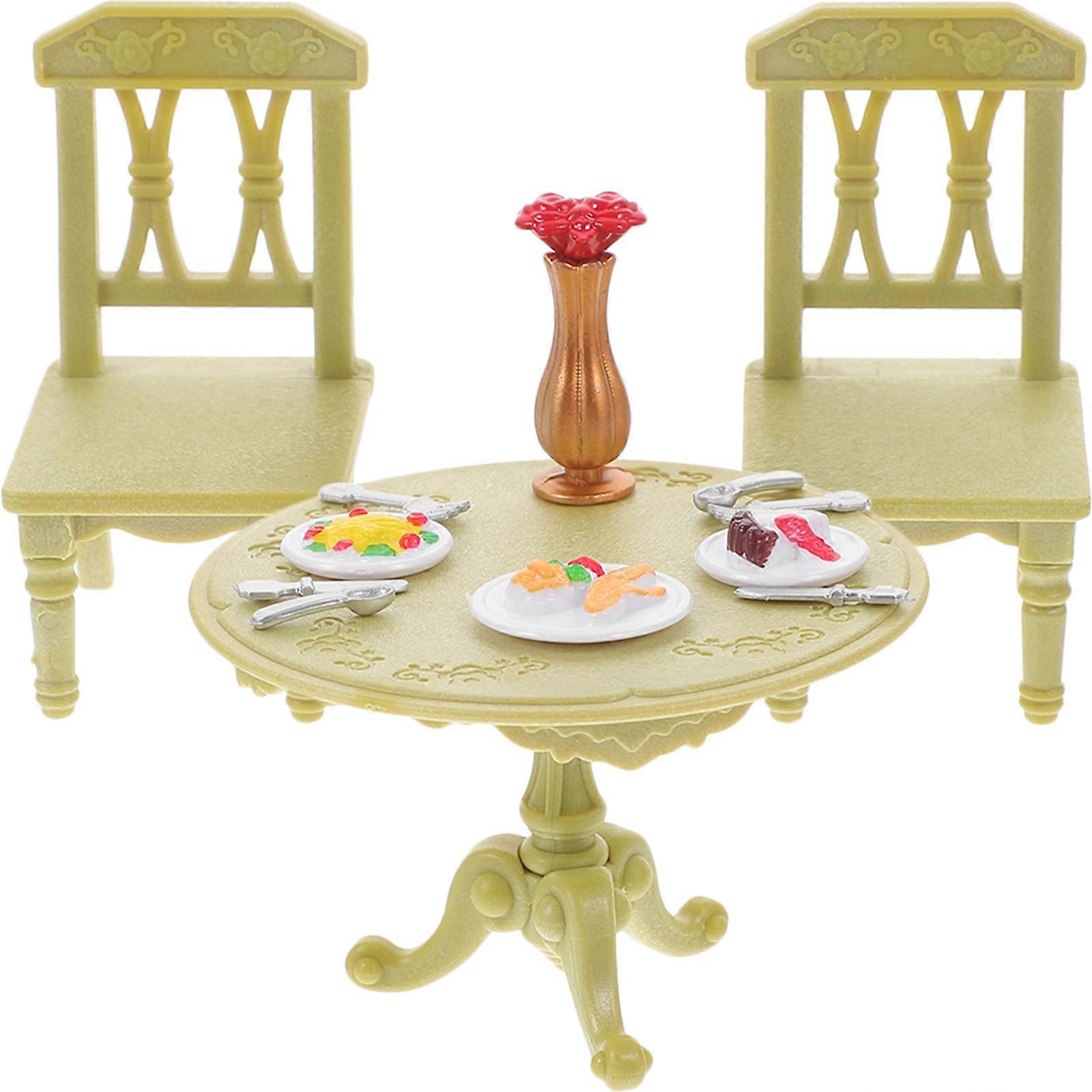 Miniature Plastic Dining Set with Detailed Dollhouse Furniture for Green Round Table and – Lightweight Creative Dollhouse Decor