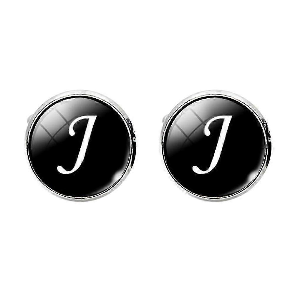 Glass Cuff-Link Sleeve Button Round English Letter Sleeve Button All-Match Decorative Collar Sleeves Button for Man (J Letter Pattern)