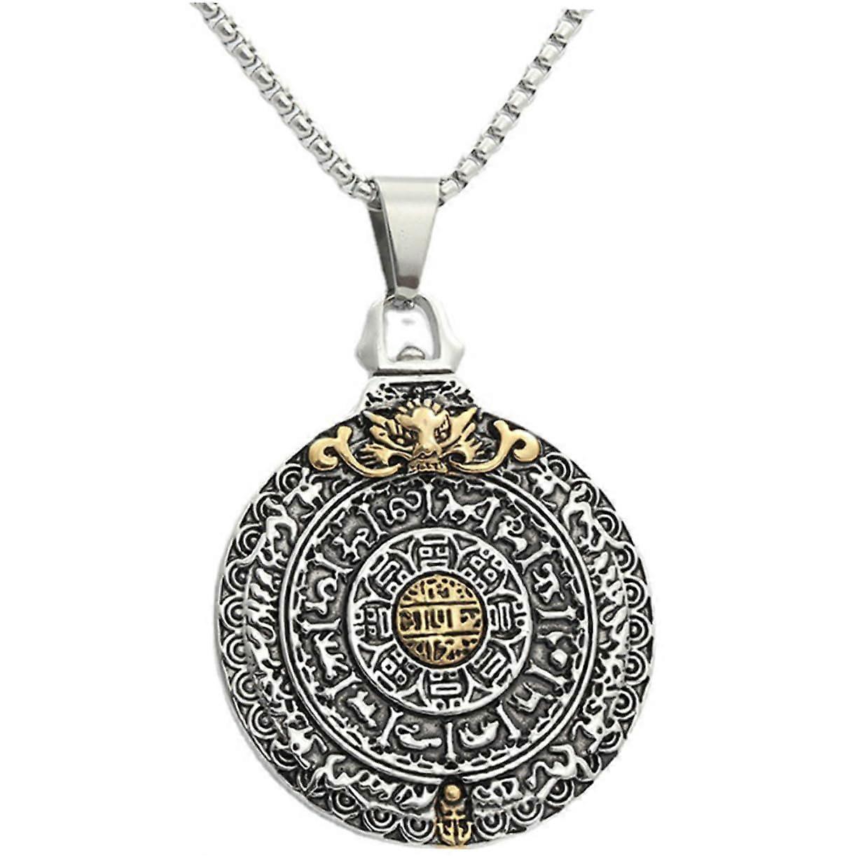 Chinese Zodiac Pendant Necklace Titanium Steel for Men Retro Design with Square Beaded Chain Comfortable for Various Occasions Golden