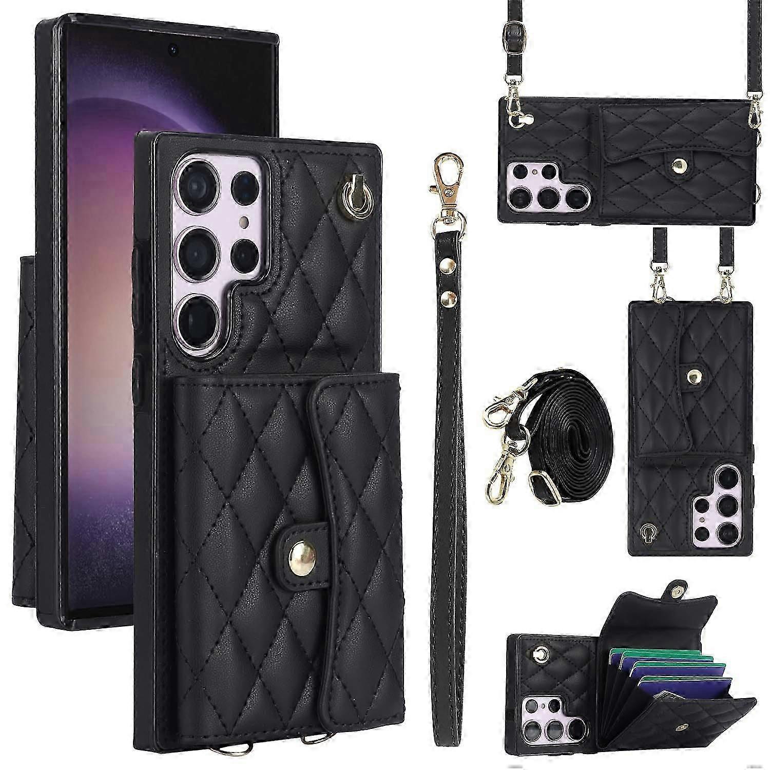 Kılıf Samsung Galaxy S24 Ultra 5G Cüzdan Kapağı ile Stand Kart Tutucu Yuvası Bilek Crossbody Kayış Kordon