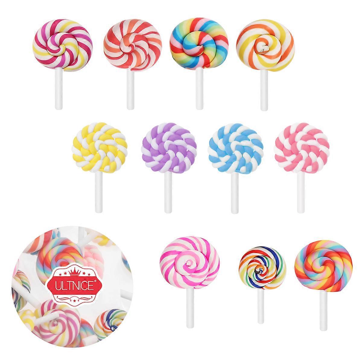 ULTNICE 36 Pcs Clay Lollipop Candy Embellishment DIY Rainbow Color Lolly Crafts (Random)
