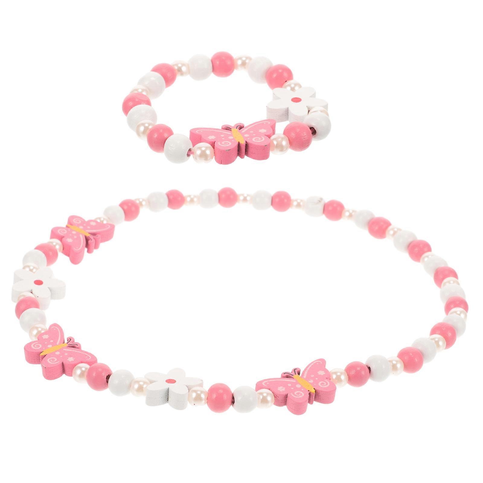 Butterfly Necklace and Bracelet Set for Girls with Wooden Pearls Beads Multi Color 1 Set