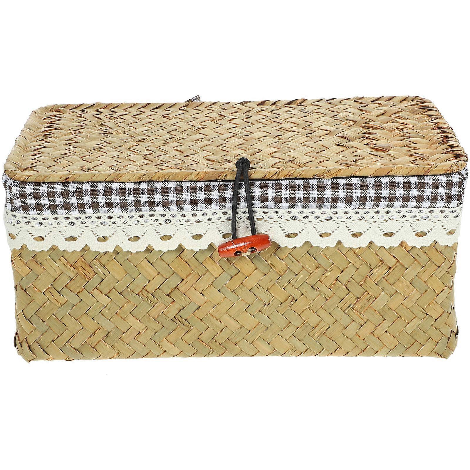 Hand Woven Storage Basket for Home Use Khaki Cloth and Straw Multifunctional Desktop Organizer