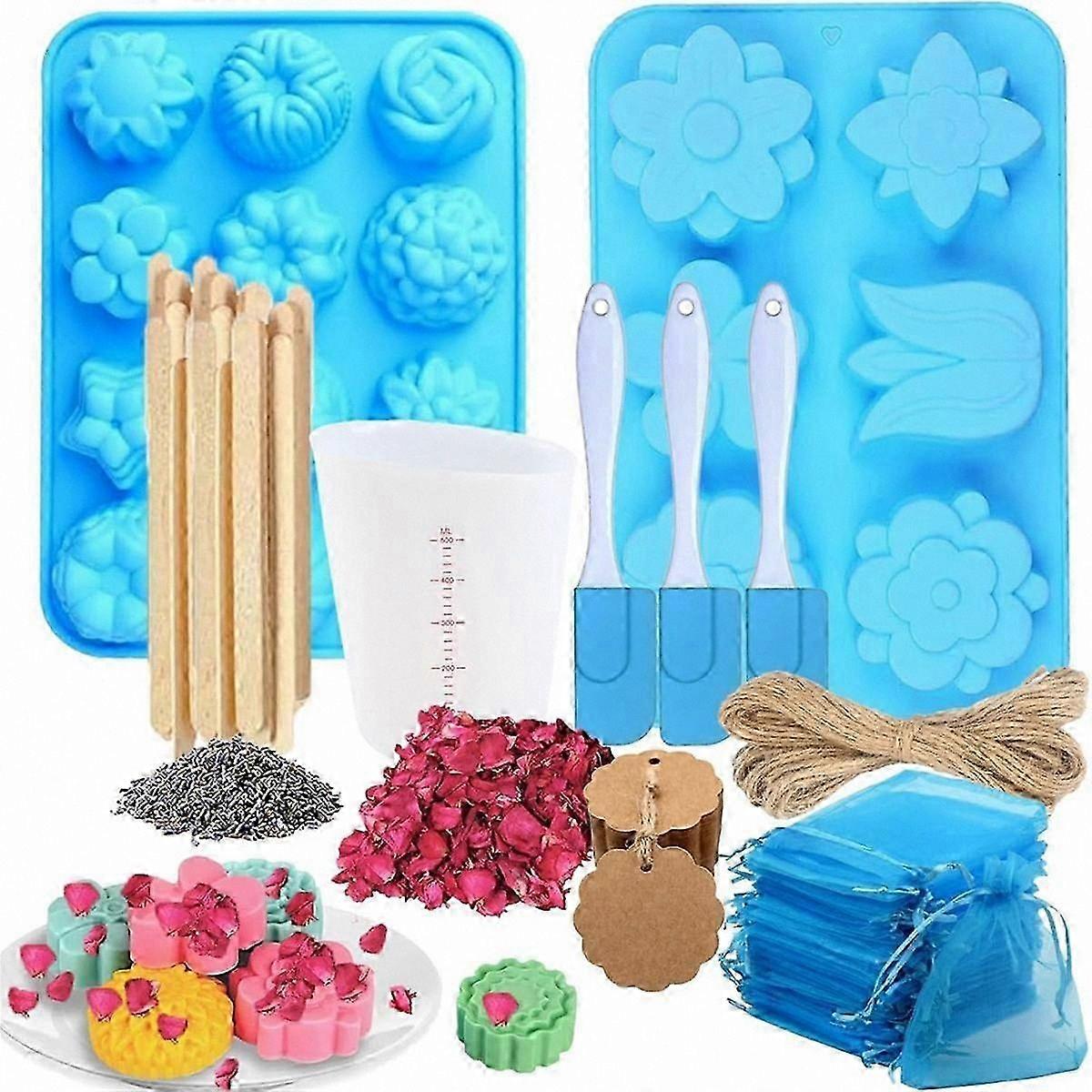 Silicone Mold Set for Soap Crafting: Includes Measuring Tools, Stirring Stick, Organza Pouch, and Dried Flower Accents