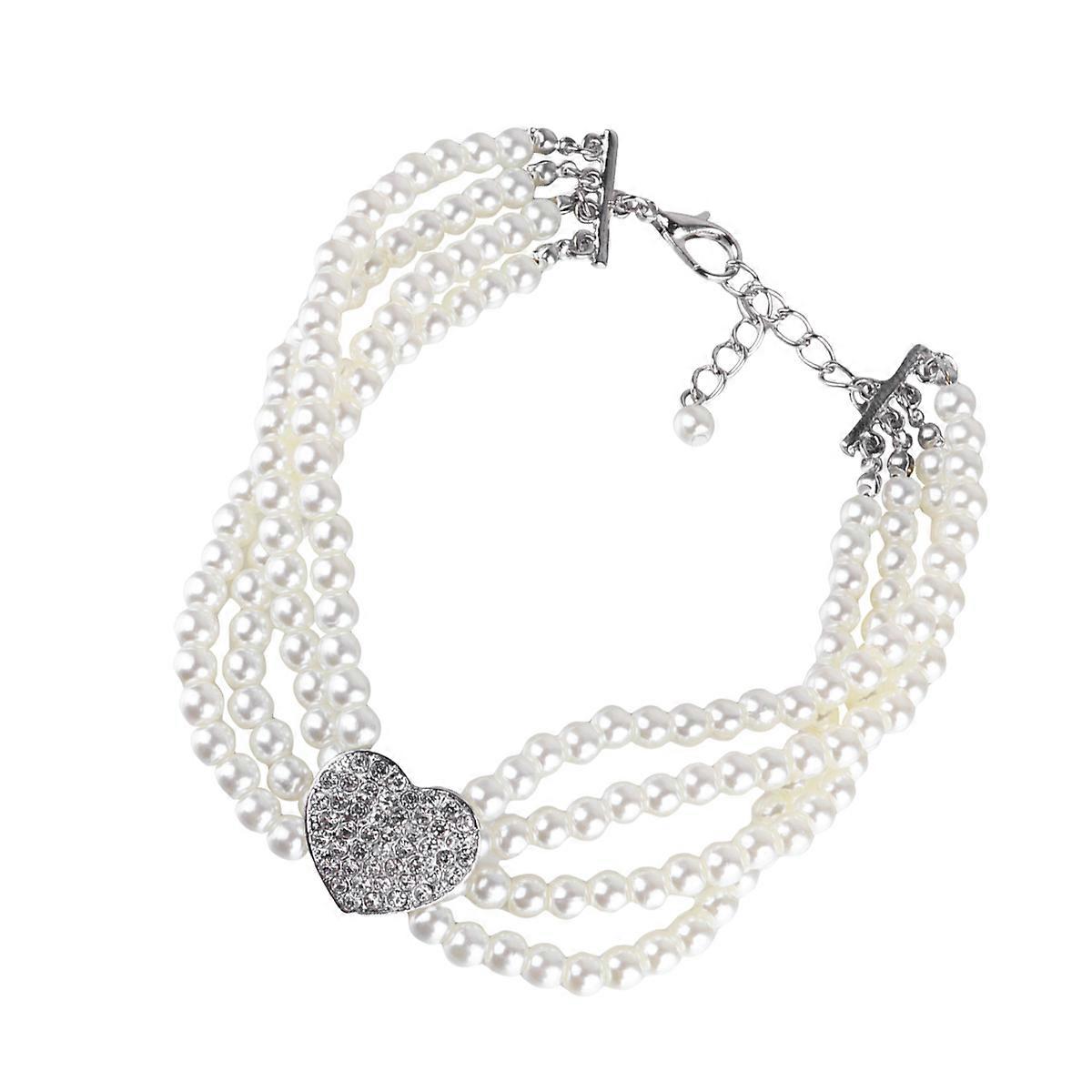 White Crystal Pearl Heart Design Necklace for Pets Perfect for Wearing on Special Occasions Size S