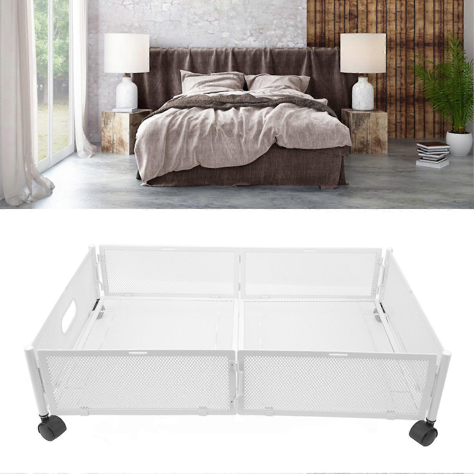 Under Bed Storage Containers with Wheels Grid Pattern Pull Out Type Detachable Metal Under Bed Shoe Storage Drawer for Clothes Toy White 