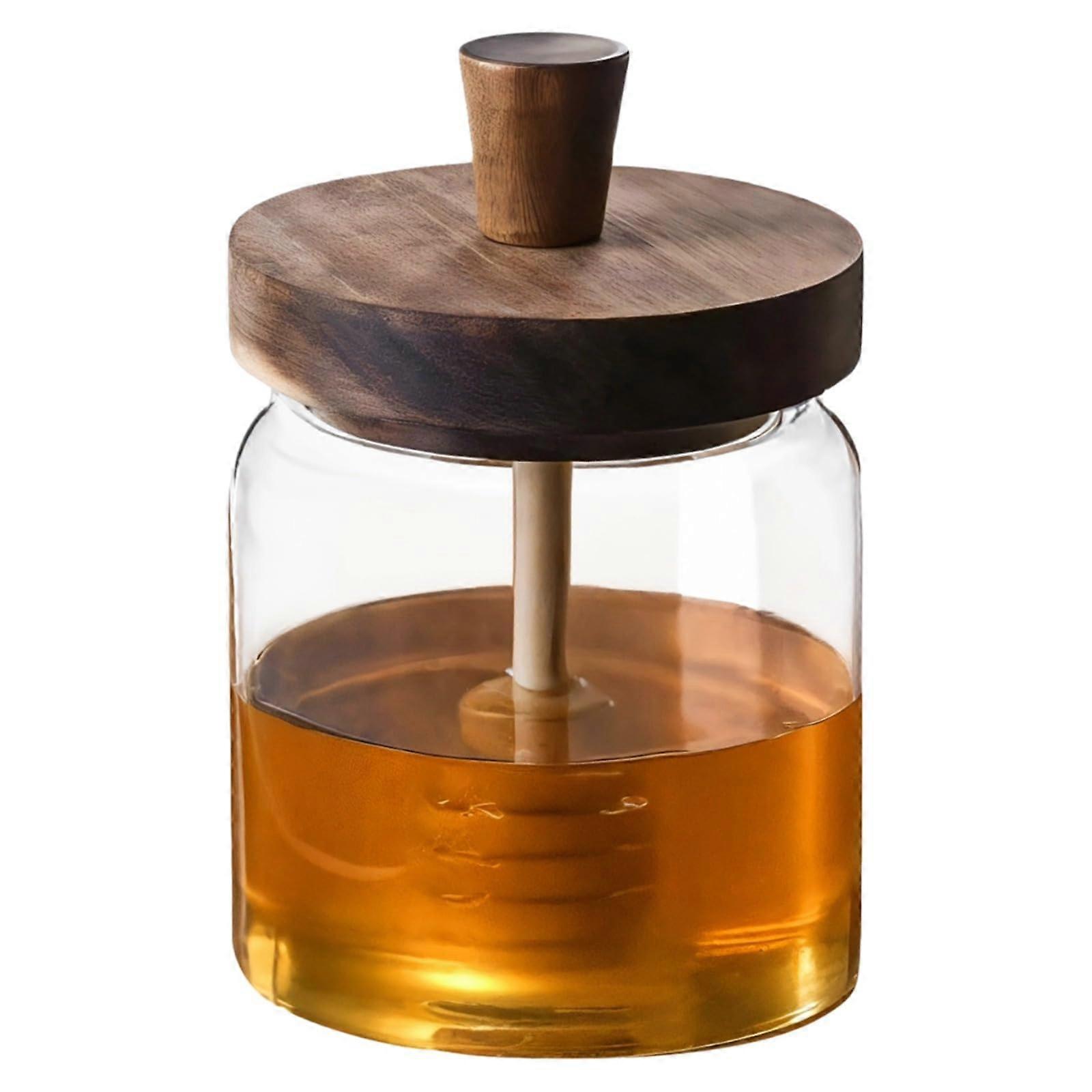 Honey Jar With Airtight Glass Lid, BuiltIn Dipper, Borosilicate Glass Dispenser, Wooden Lid, Keeps Honey Fresh