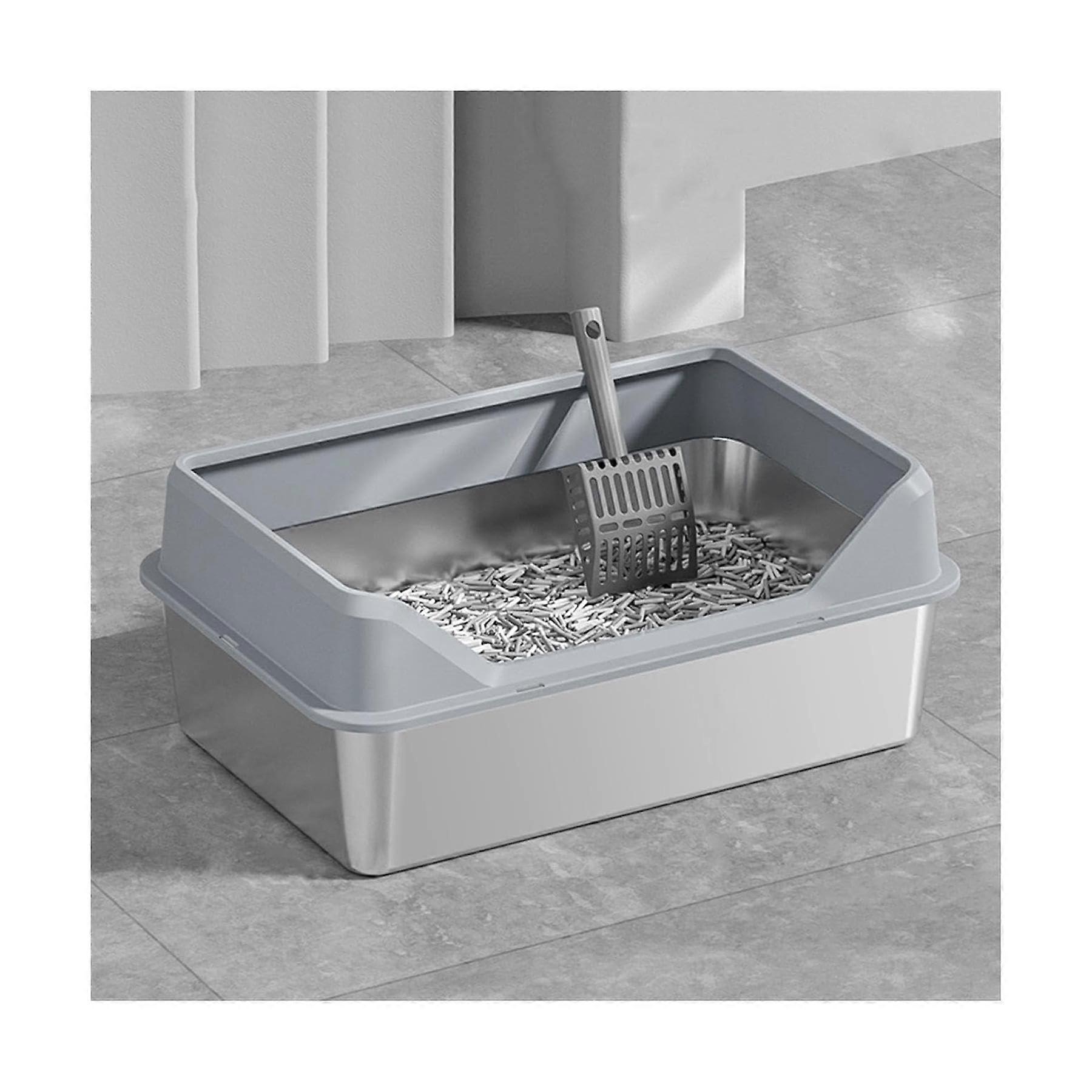 Stainless Steel Cat Litter Box Open Kitten Litter Pan for Large and Small Cats and Rabbits Light Grey